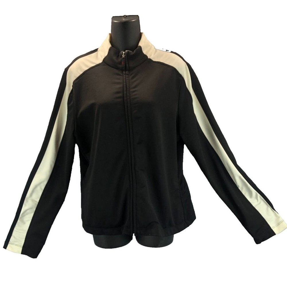 Danskin Now Womens Sz L Black and White Long Sleeve Zip Front Warm Up Jacket